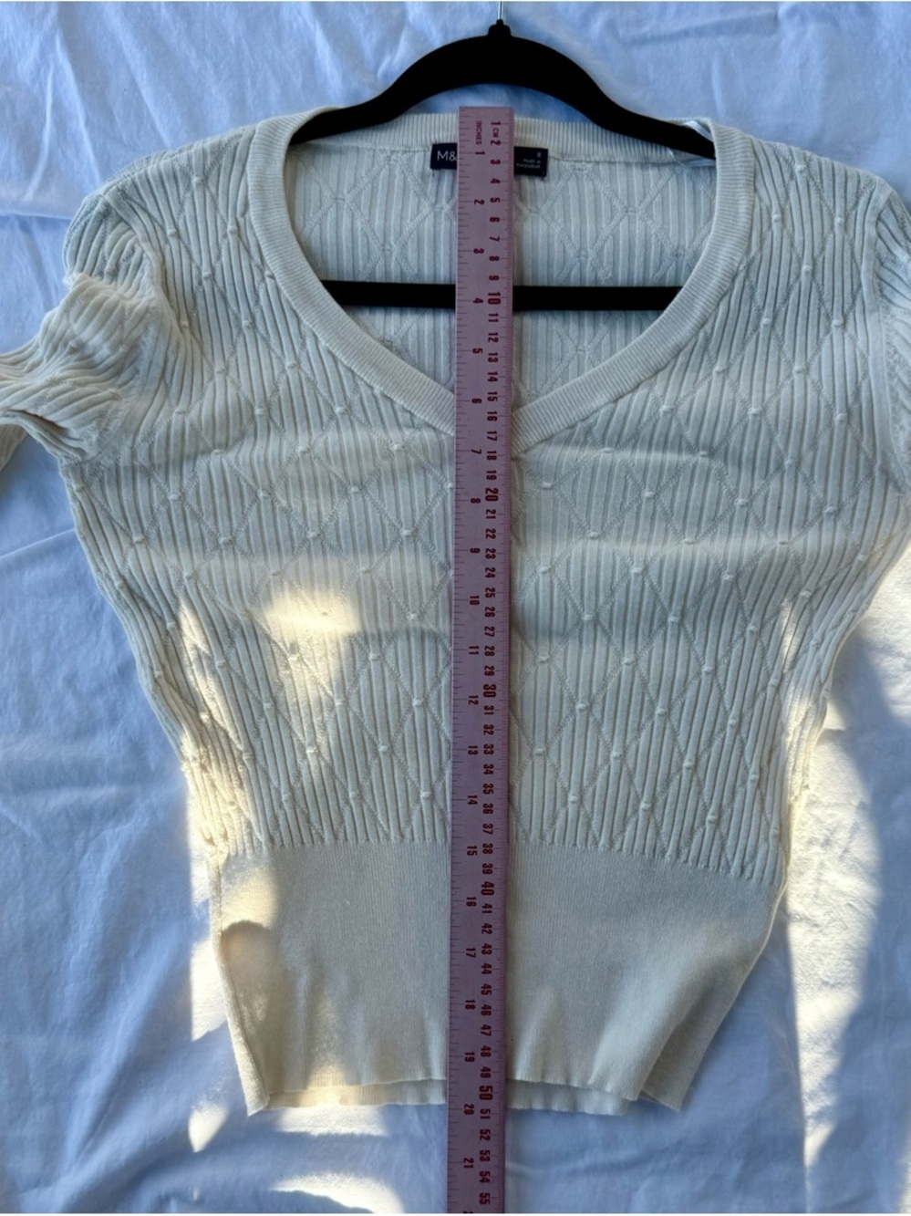 Women's Cream V-Neck Cable Knit Long Sleeve Top - Picture 7 of 7